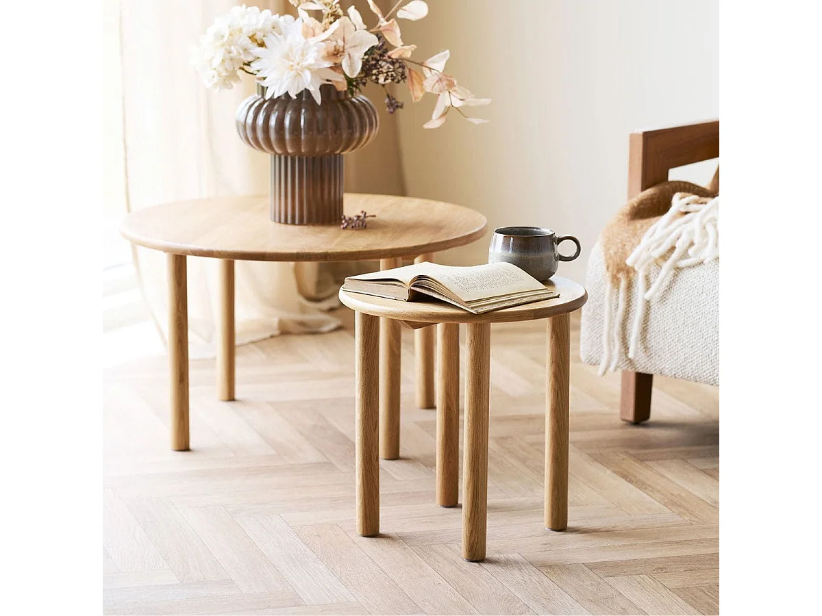 Table basse ronde Ø70cm plateau et pieds en chêne naturel - JOSETTE