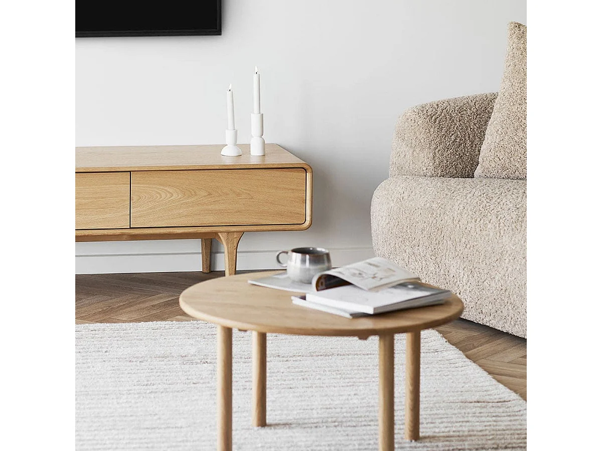 Table basse ronde Ø70cm plateau et pieds en chêne naturel - JOSETTE