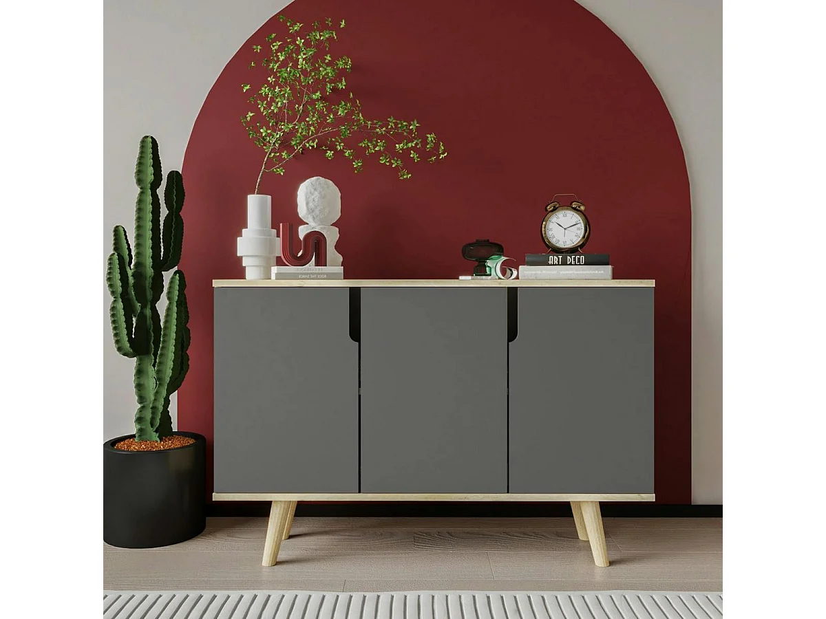 Buffet salle à manger moderne effet bois portes grises MARFA