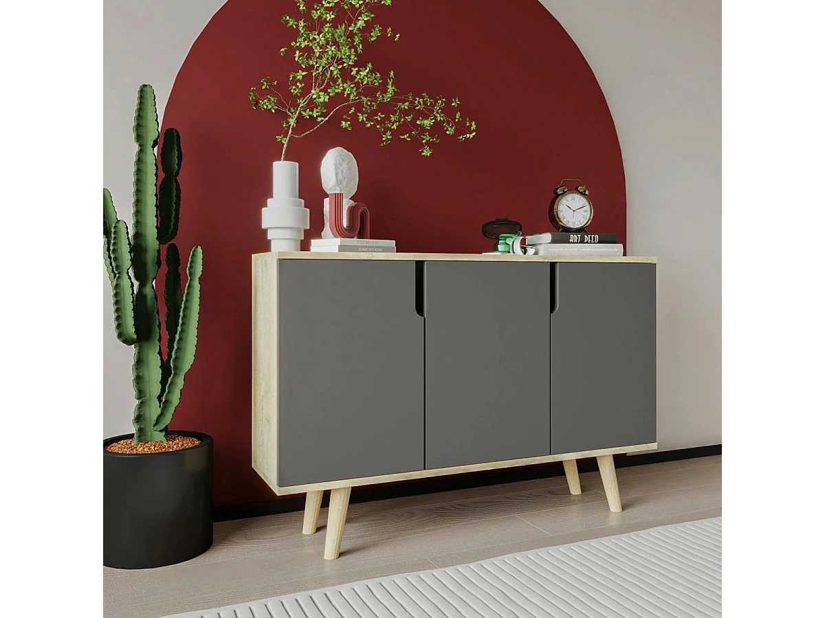 Buffet salle à manger moderne effet bois portes grises MARFA