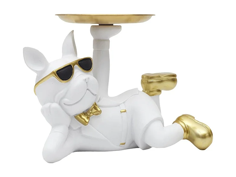 Vide-Poche bulldog couché blanc et or plateau servi