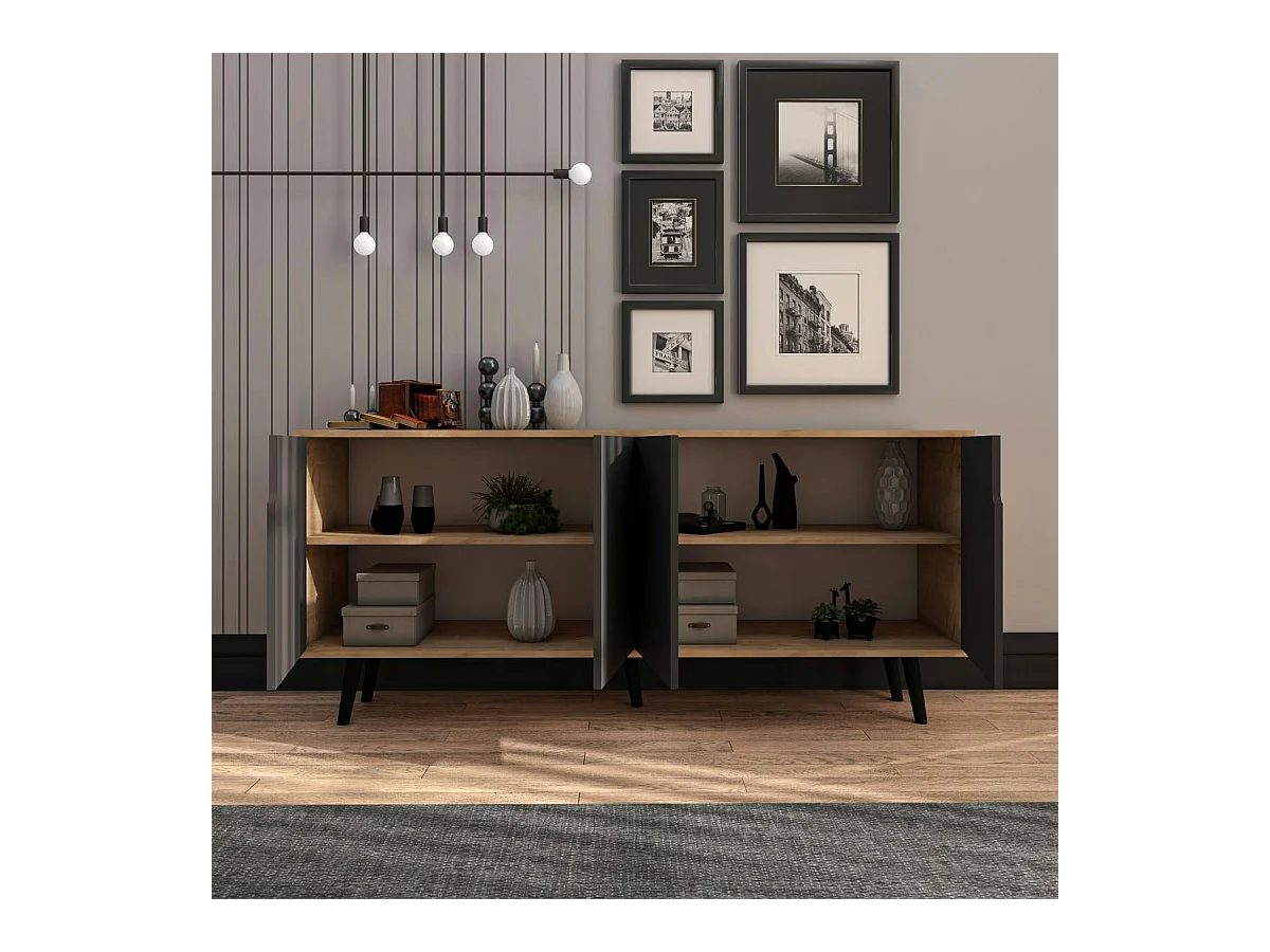 Buffet salle à manger 4 portes grises et effet bois MARFA