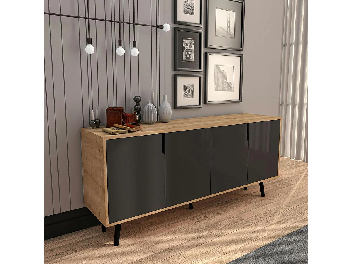 Buffet salle à manger 4 portes grises et effet bois MARFA