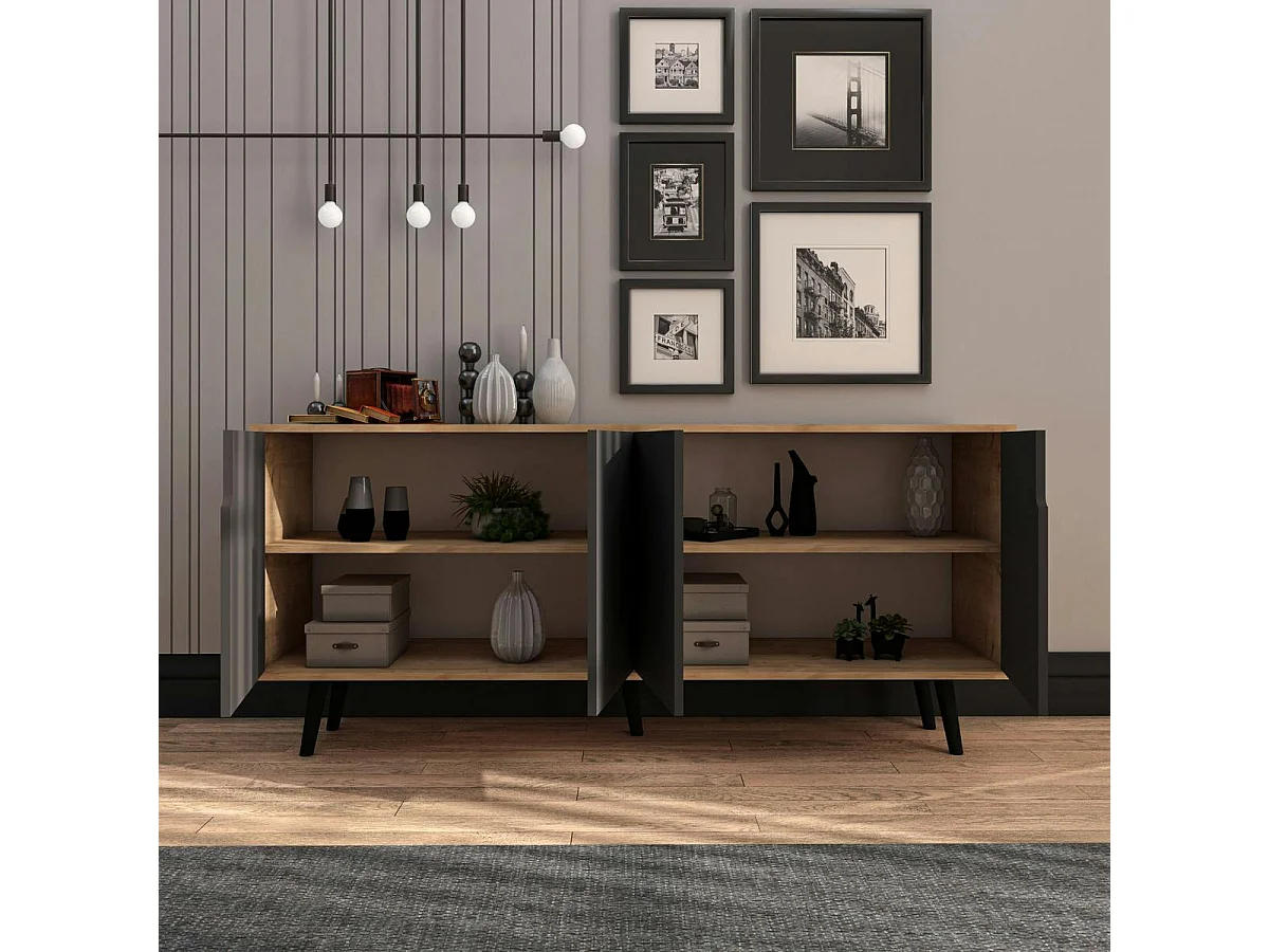 Buffet salle à manger 4 portes grises et effet bois MARFA