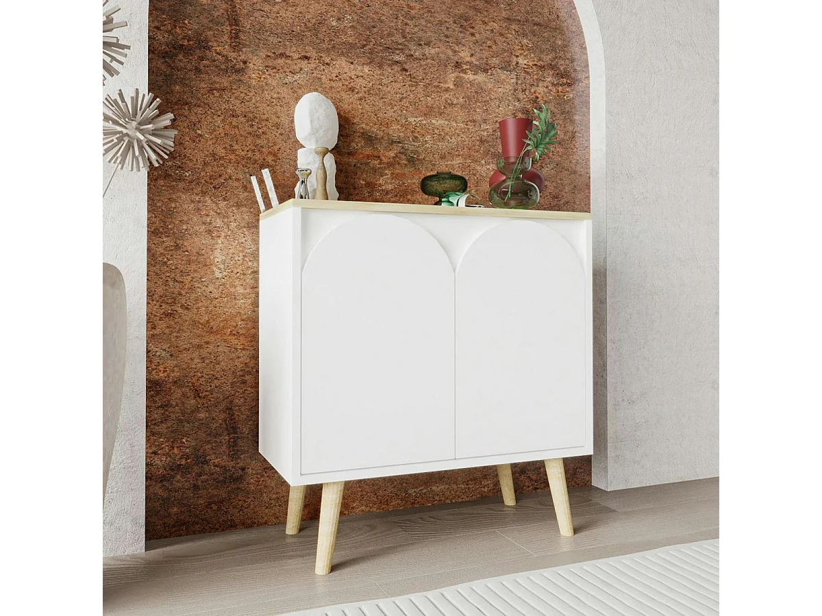 Petit buffet blanc 2 portes, plateau effet bois clair MARFA