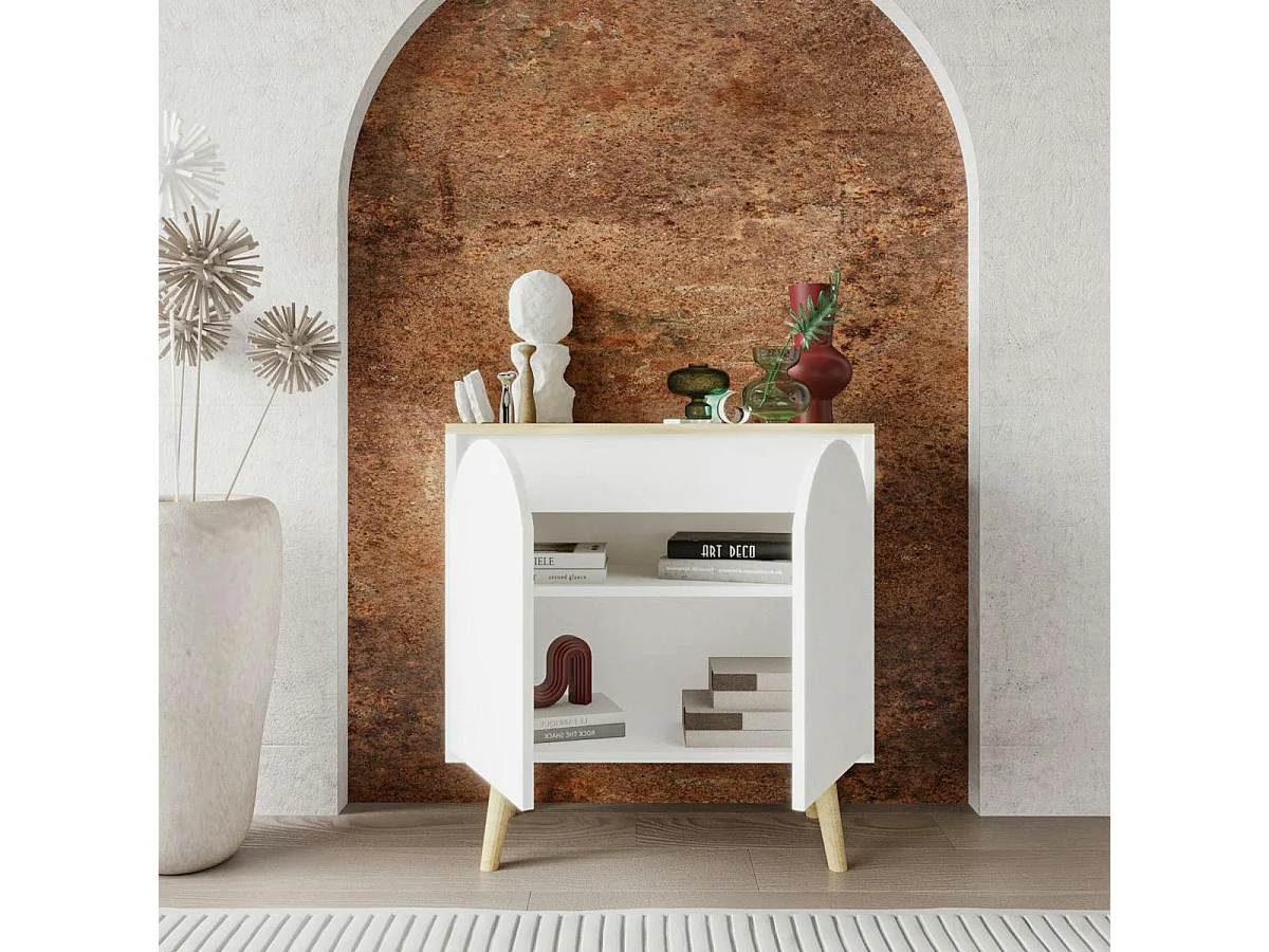 Petit buffet blanc 2 portes, plateau effet bois clair MARFA