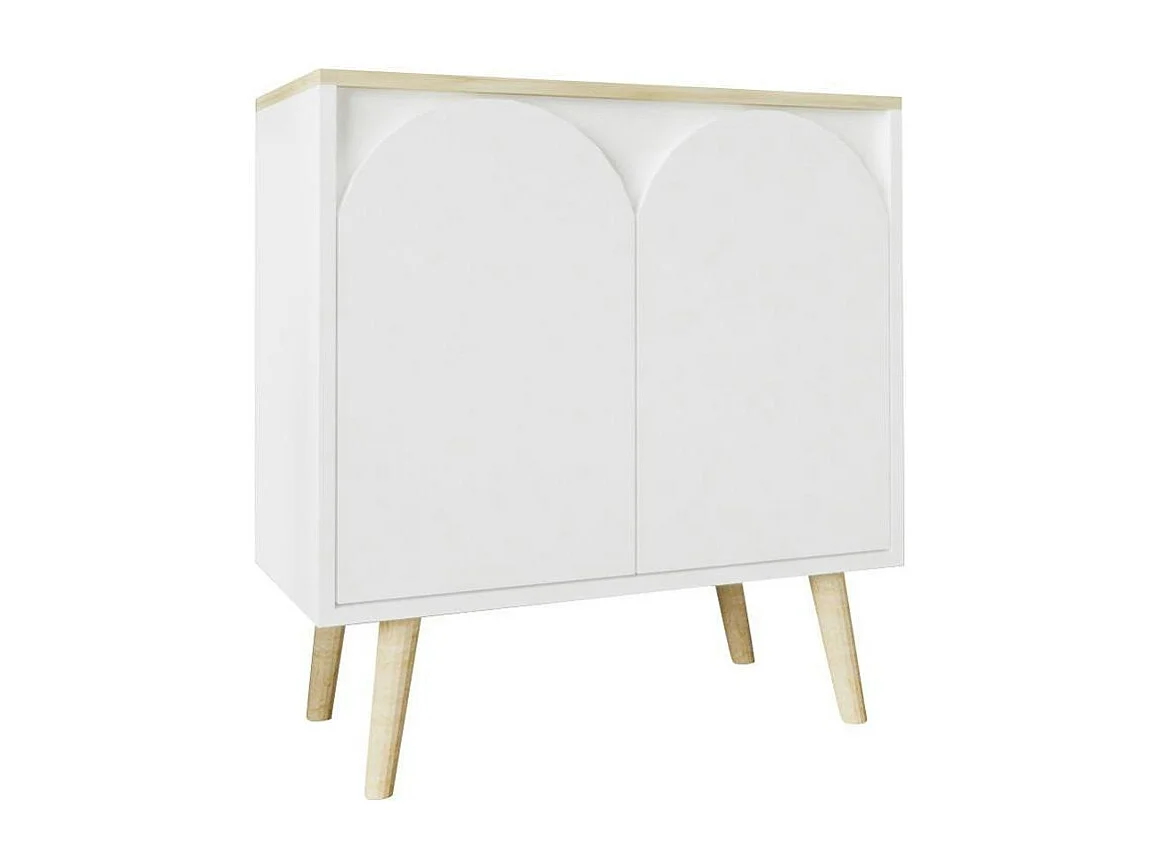 Petit buffet blanc 2 portes, plateau effet bois clair MARFA