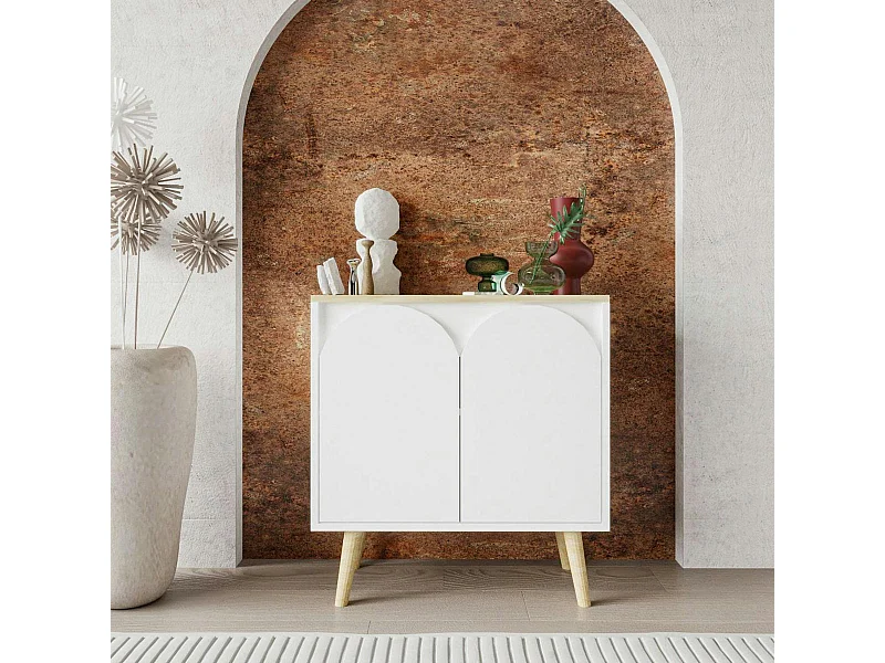 Petit buffet blanc 2 portes, plateau effet bois clair MARFA