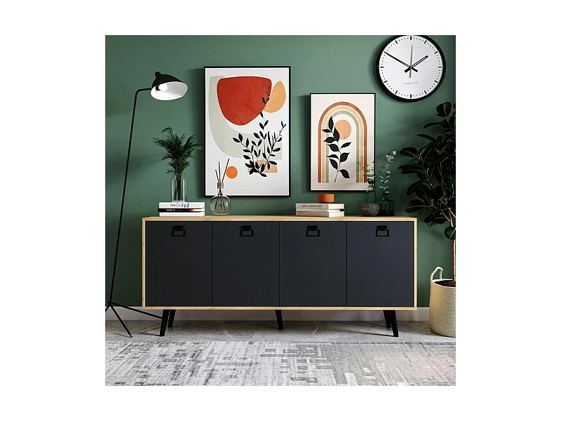 Buffet bas gris et effet bois, poignées noires MARFA