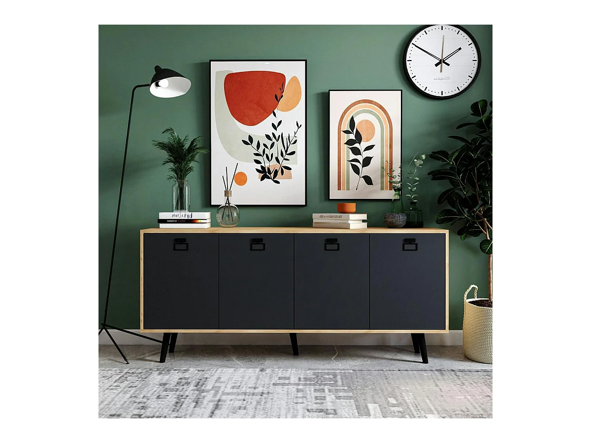 Buffet bas gris et effet bois, poignées noires MARFA