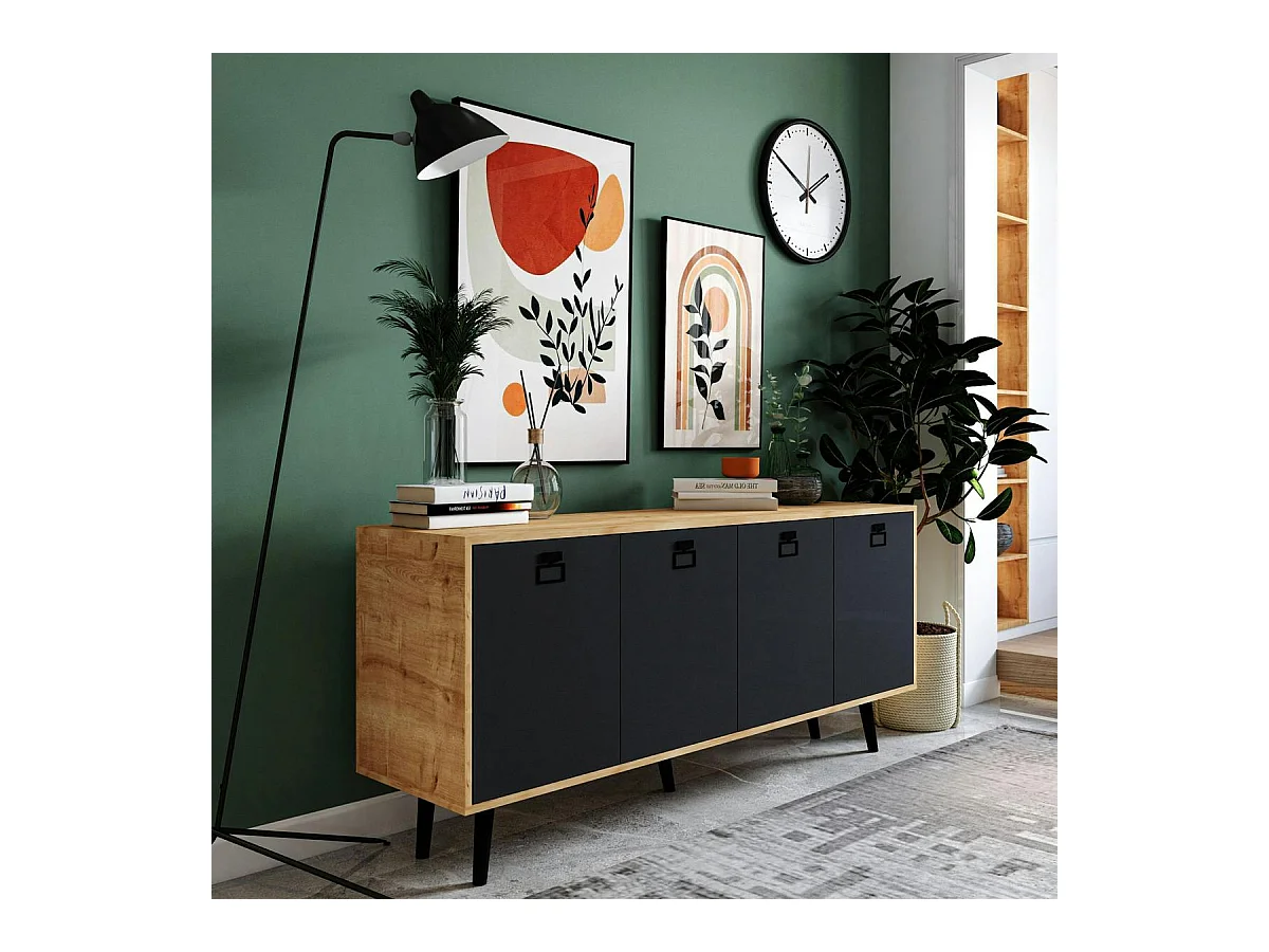 Buffet bas gris et effet bois, poignées noires MARFA