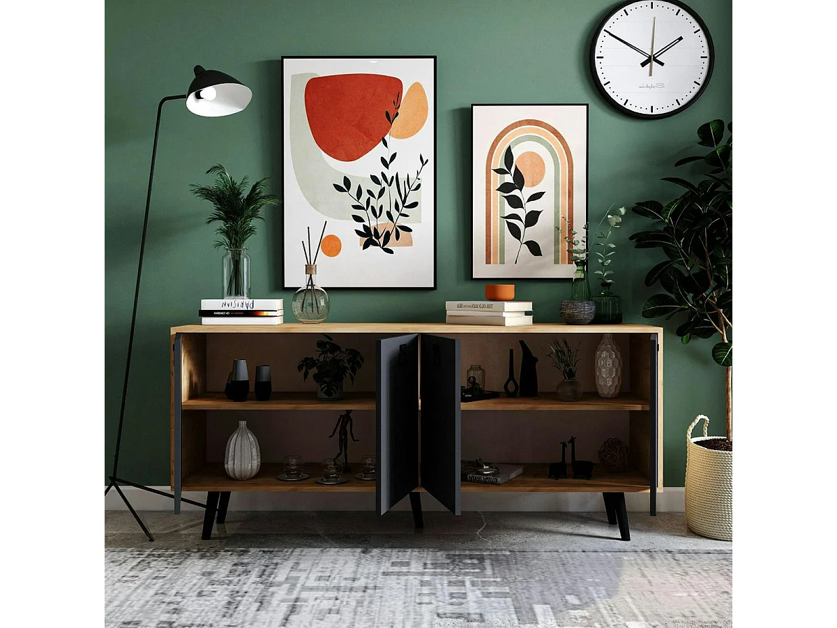 Buffet bas gris et effet bois, poignées noires MARFA