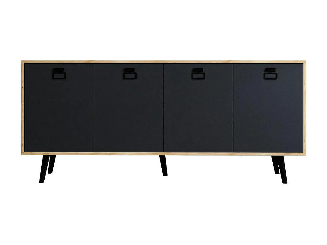 Buffet bas gris et effet bois, poignées noires MARFA