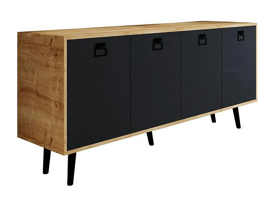 Buffet bas gris et effet bois, poignées noires MARFA