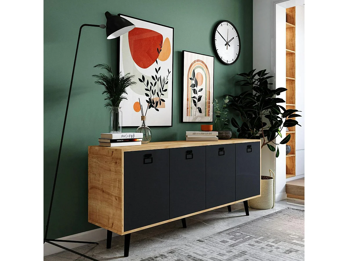 Buffet bas gris et effet bois, poignées noires MARFA
