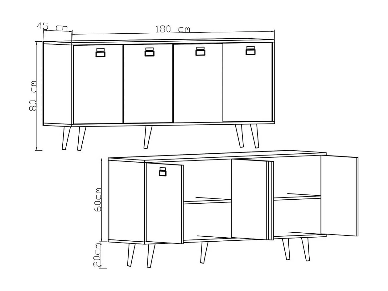 Buffet bas gris et effet bois, poignées noires MARFA