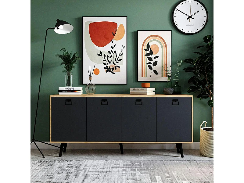 Buffet bas gris et effet bois, poignées noires MARFA