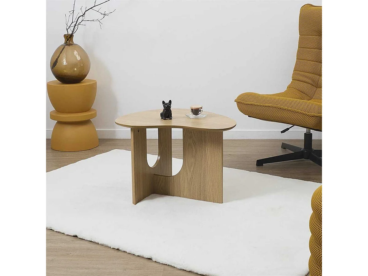 Table d'appoint forme organique et piètement graphique en MDF aspect chêne - KALIOPE