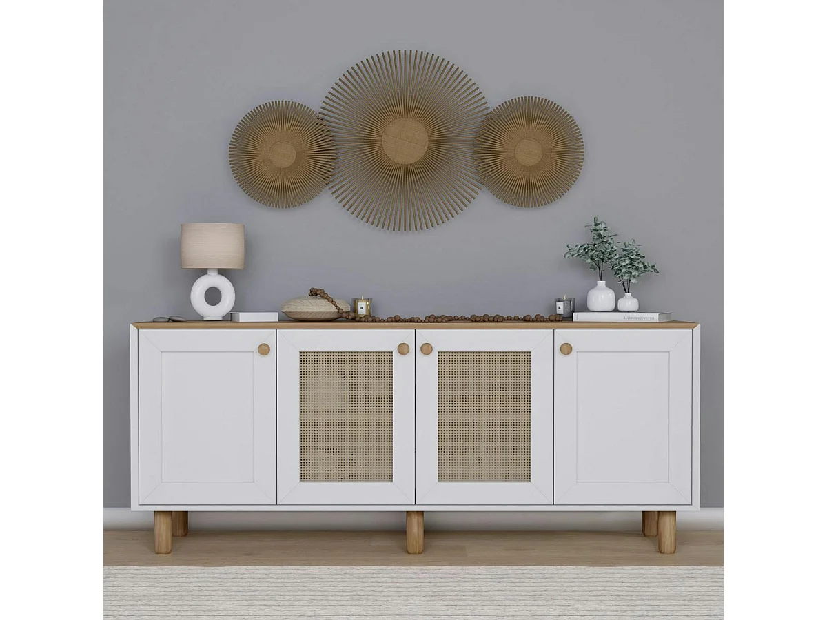 Buffet salle à manger blanc, cannage et effet noyer VAREN