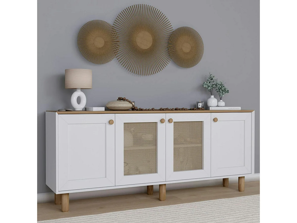 Buffet salle à manger blanc, cannage et effet noyer VAREN