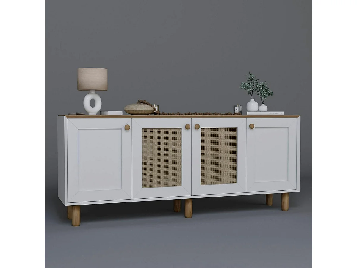 Buffet salle à manger blanc, cannage et effet noyer VAREN