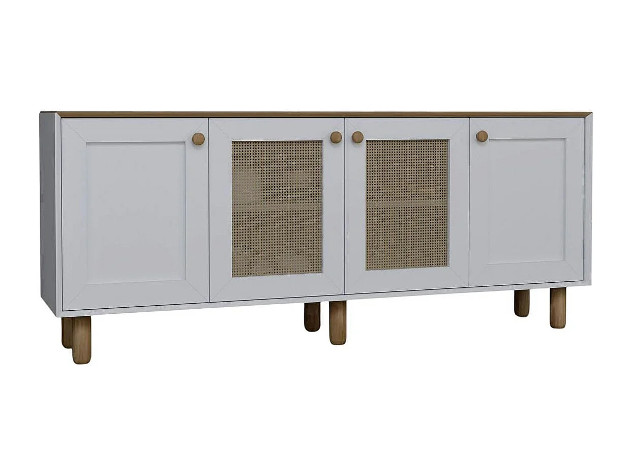 Buffet salle à manger blanc, cannage et effet noyer VAREN