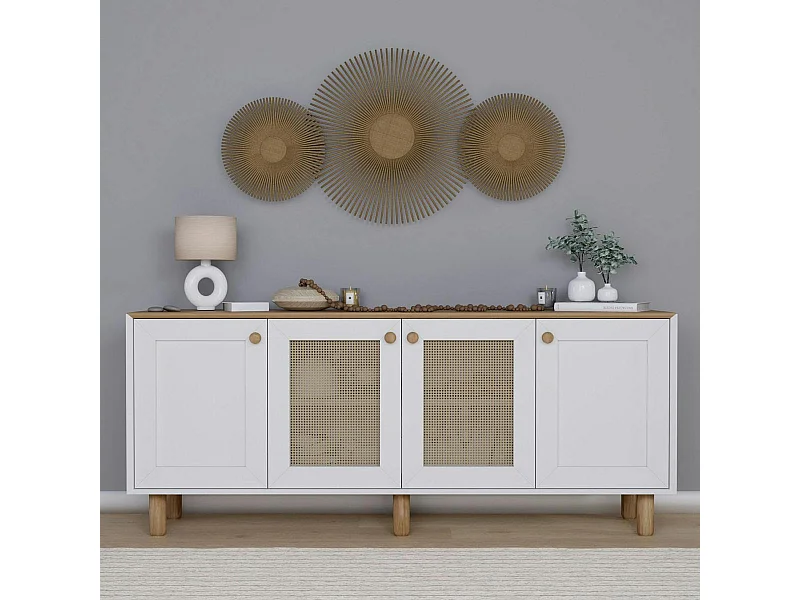 Buffet salle à manger blanc, cannage et effet noyer VAREN