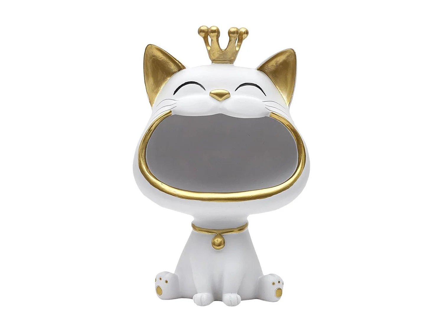 Vide-Poche chat bouche ouverte en polyrésine blanc et dorée