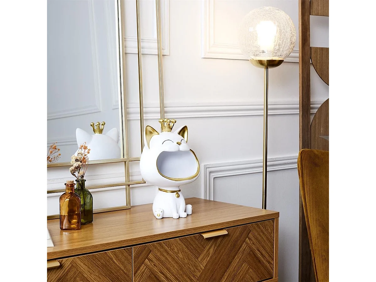 Vide-Poche chat bouche ouverte en polyrésine blanc et dorée
