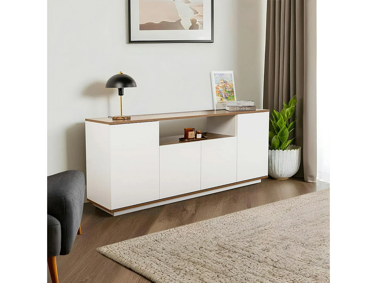 Buffet salle à manger blanc & effet noyer, niche centrale MARFA