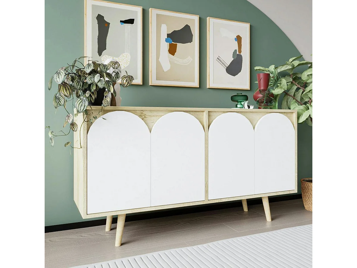 Buffet salle à manger effet bois 4 portes courbes blanches VAREN