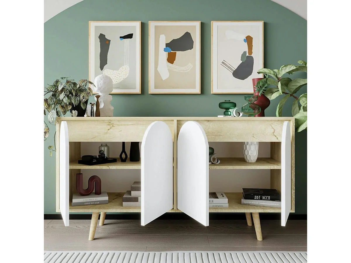 Buffet salle à manger effet bois 4 portes courbes blanches VAREN