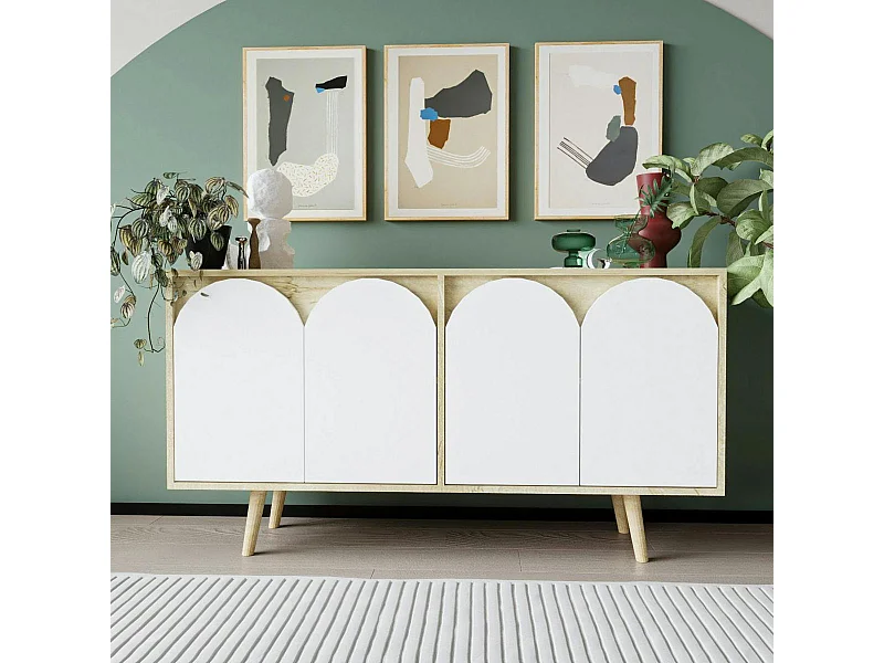 Buffet salle à manger effet bois 4 portes courbes blanches VAREN