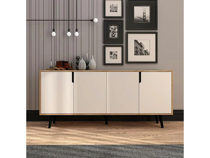 Buffet salle à manger 4 portes blanches et effet bois MARFA