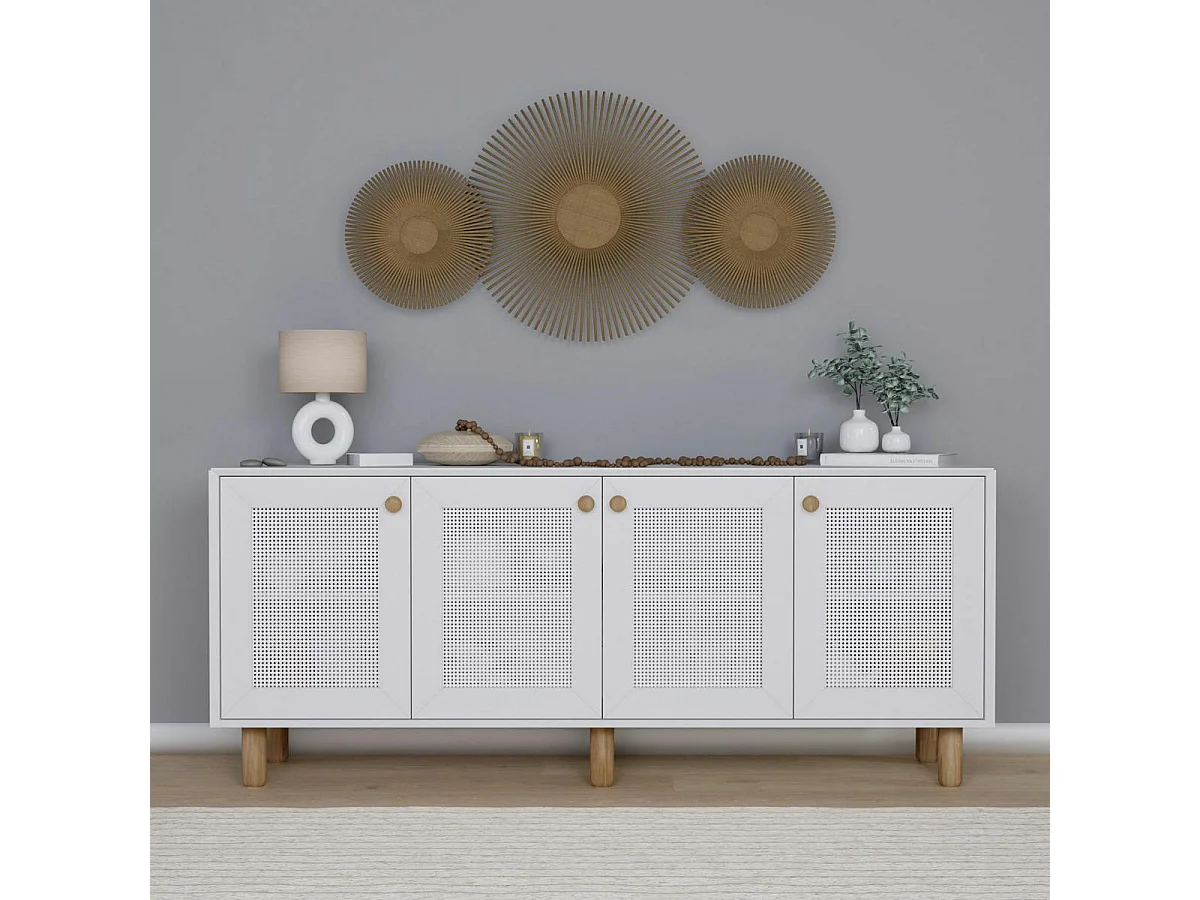 Buffet salle à manger blanc moderne, 4 portes cannage VAREN