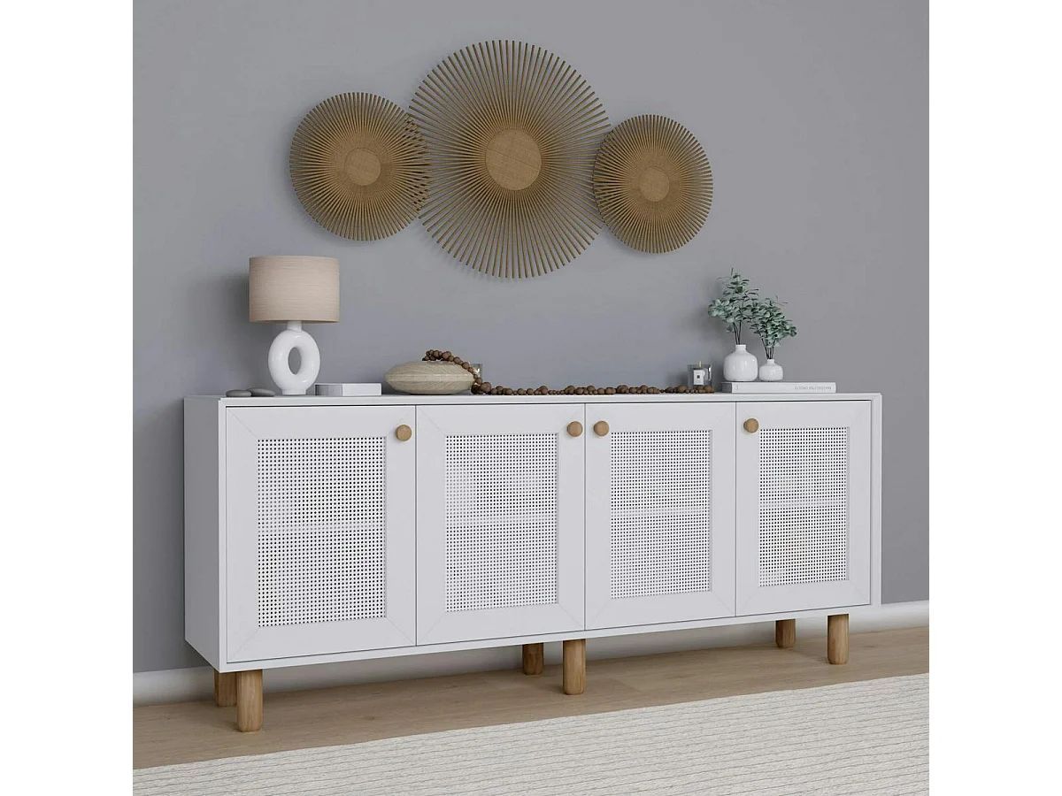 Buffet salle à manger blanc moderne, 4 portes cannage VAREN