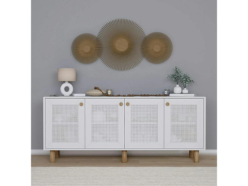 Buffet salle à manger blanc moderne, 4 portes cannage VAREN