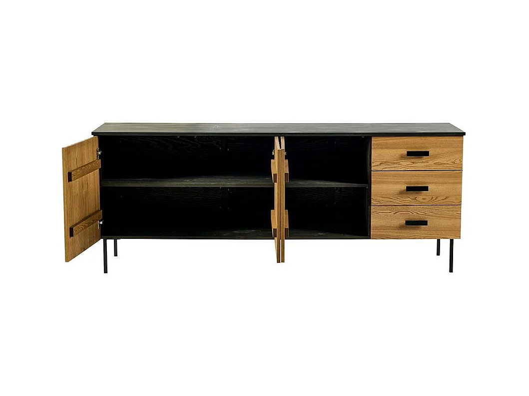 Buffet bas 3 portes en bois bicolore, façade ondulée TARAN