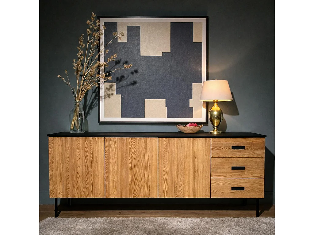 Buffet bas 3 portes en bois bicolore, façade ondulée TARAN