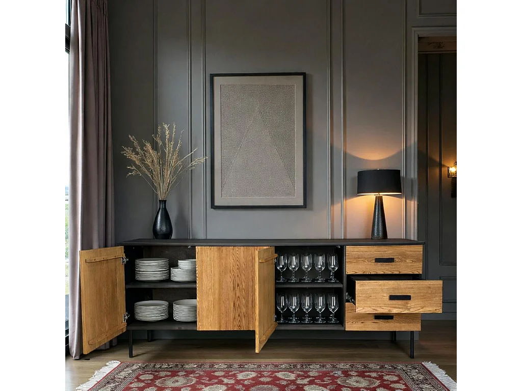 Buffet bas 3 portes en bois bicolore, façade ondulée TARAN