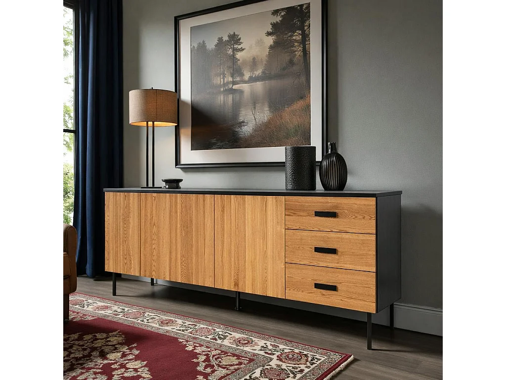 Buffet bas 3 portes en bois bicolore, façade ondulée TARAN