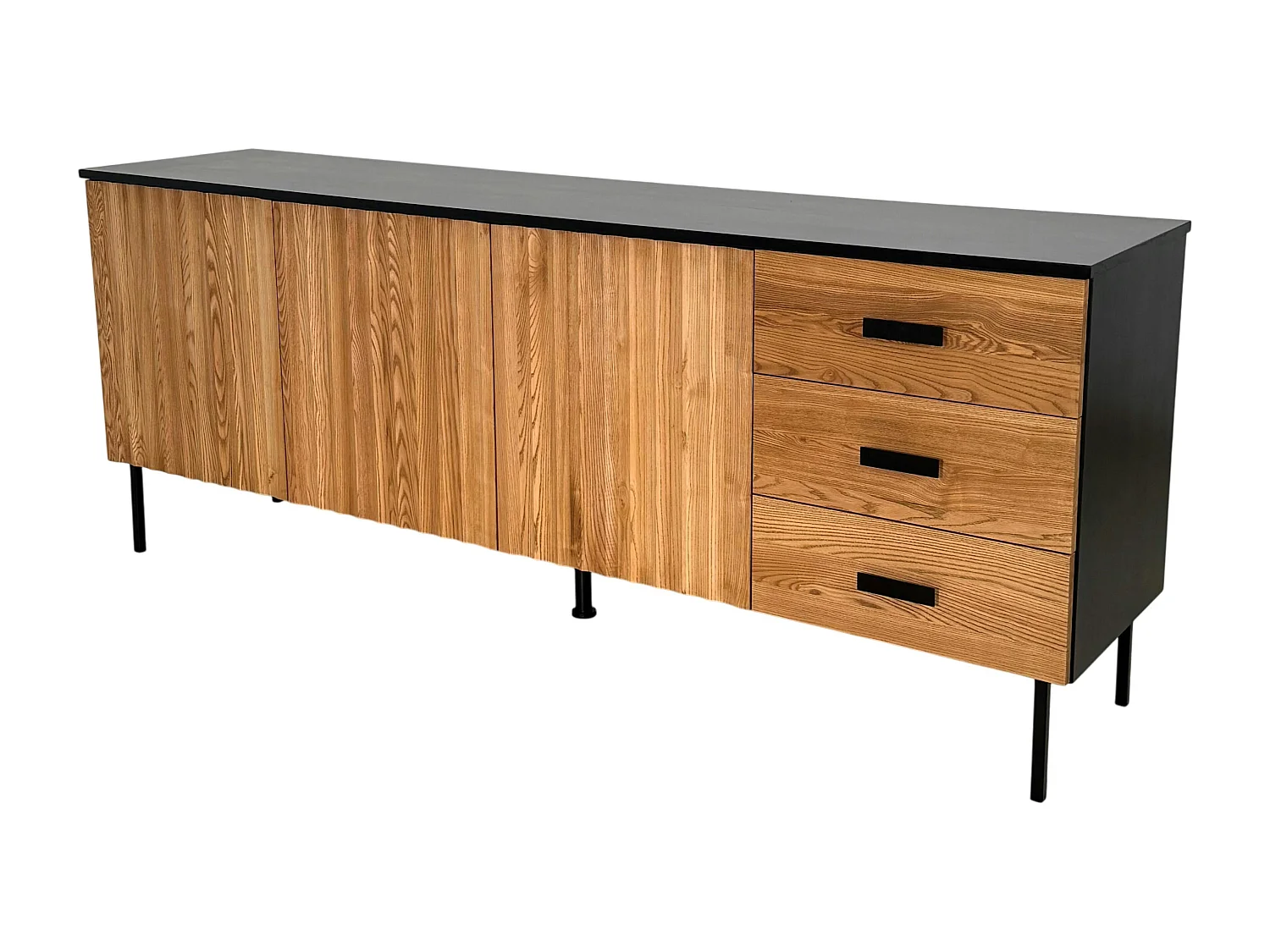 Buffet bas 3 portes en bois bicolore, façade ondulée TARAN