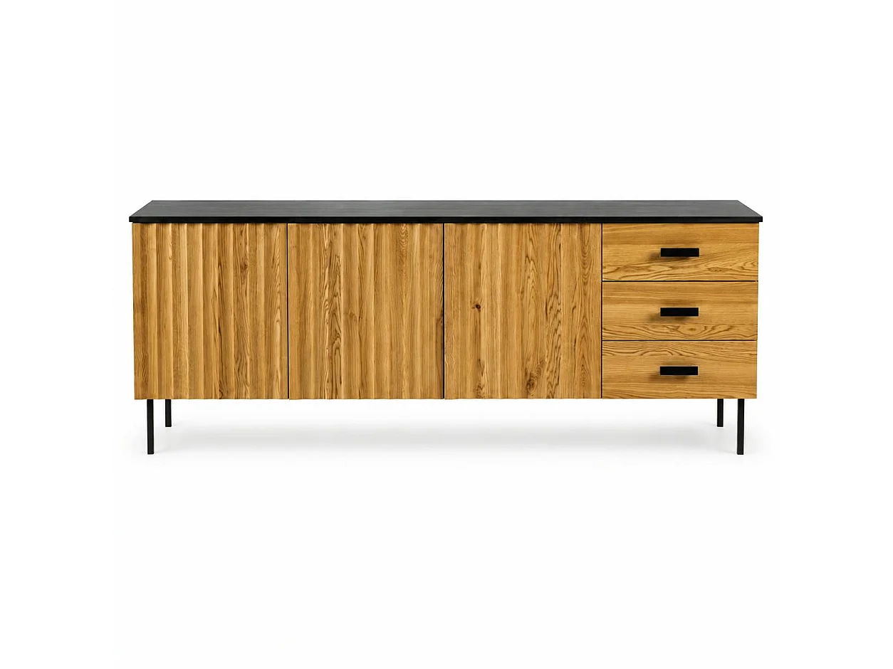 Buffet bas 3 portes en bois bicolore, façade ondulée TARAN