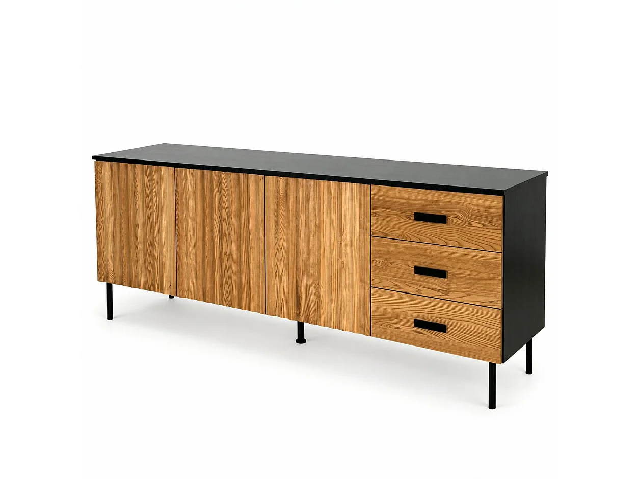 Buffet bas 3 portes en bois bicolore, façade ondulée TARAN