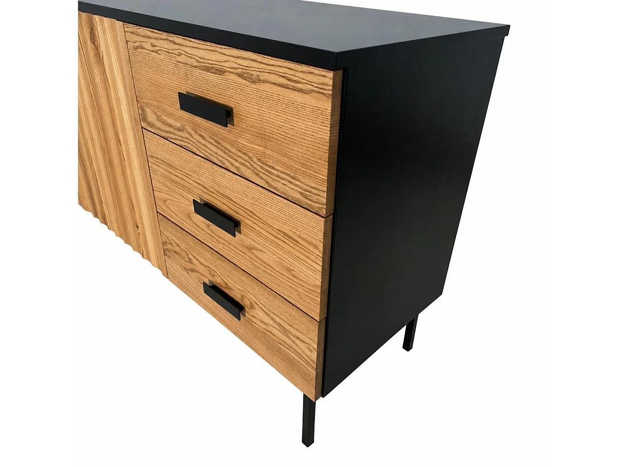 Buffet bas 3 portes en bois bicolore, façade ondulée TARAN