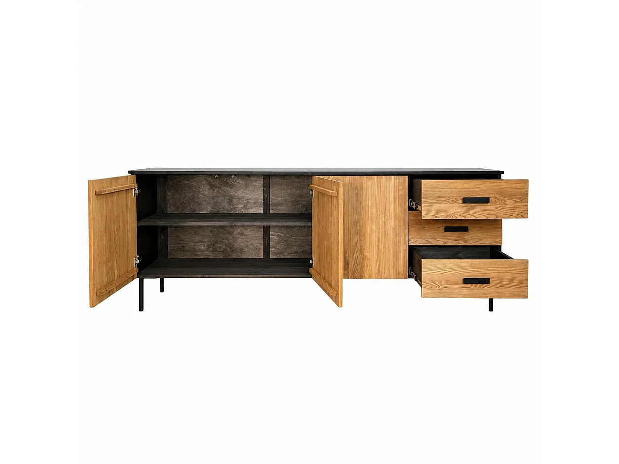 Buffet bas 3 portes en bois bicolore, façade ondulée TARAN