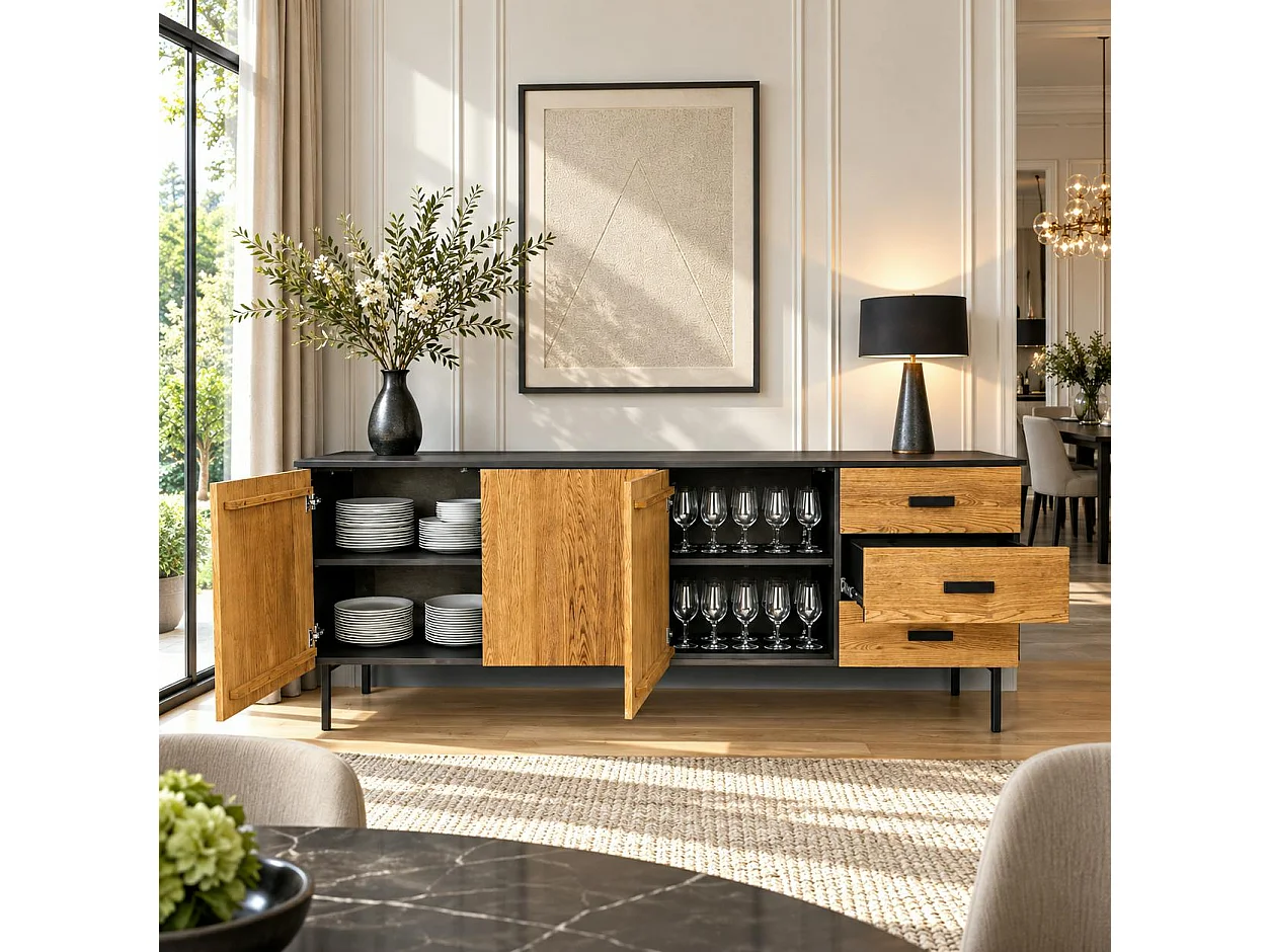 Buffet bas 3 portes en bois bicolore, façade ondulée TARAN