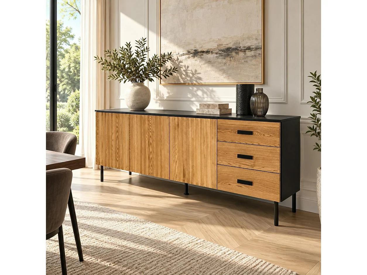 Buffet bas 3 portes en bois bicolore, façade ondulée TARAN