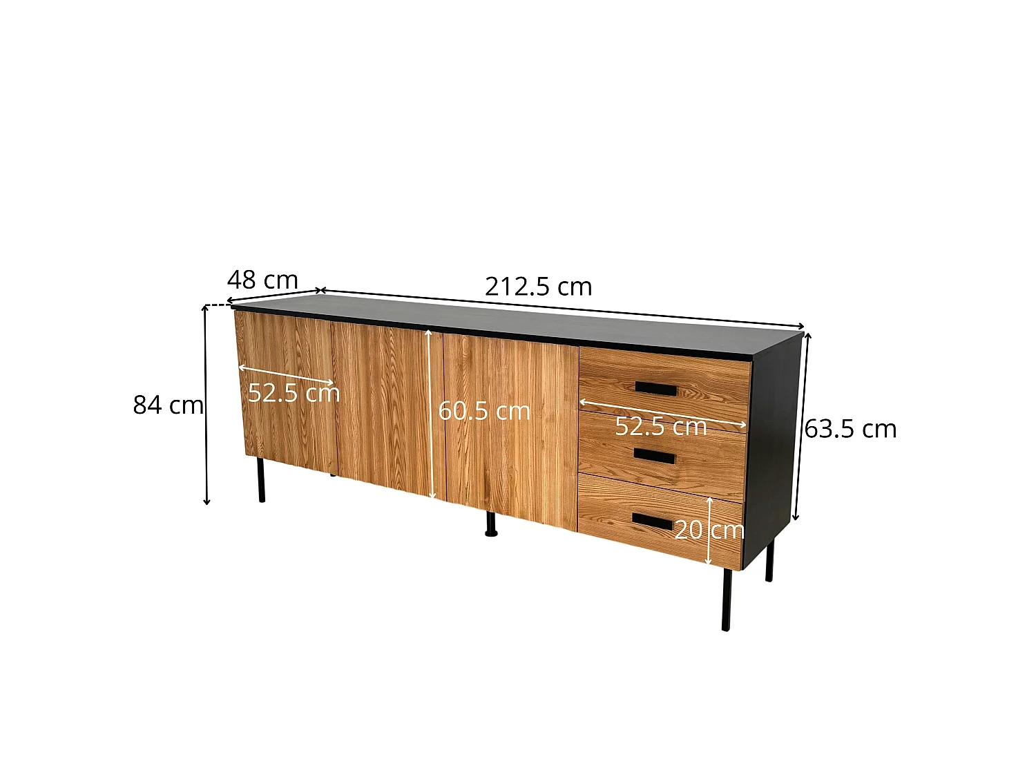 Buffet bas 3 portes en bois bicolore, façade ondulée TARAN
