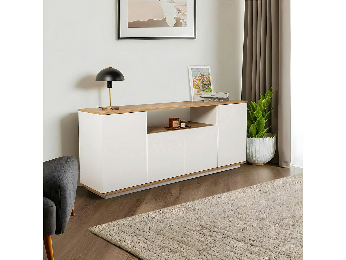 Buffet salle à manger blanc & effet bois, niche centrale MARFA